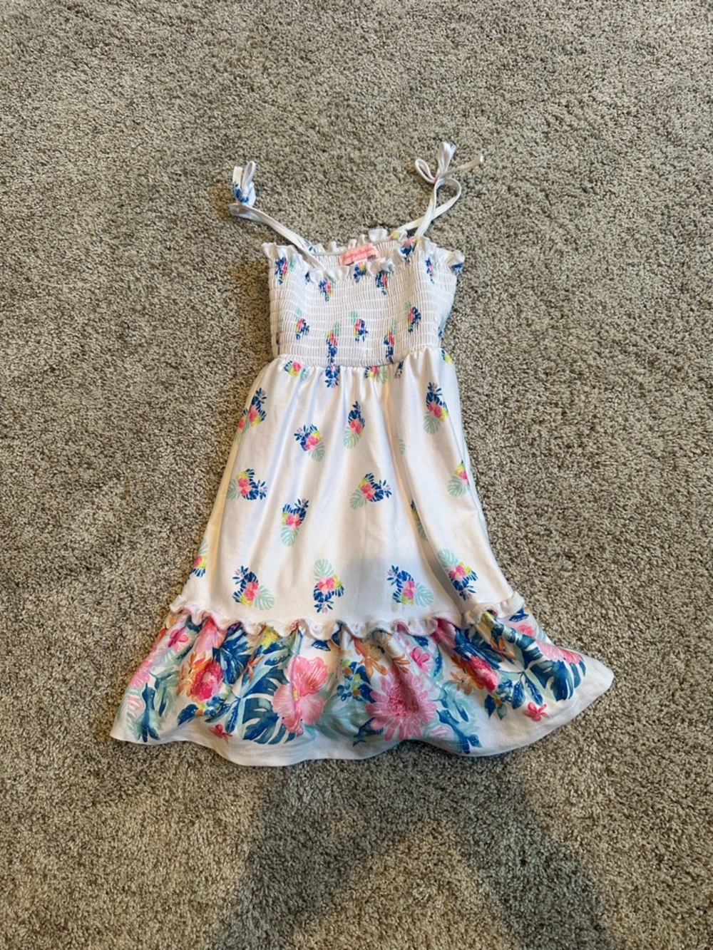 Girls White Floral Ruffle Sundress - Sleeveless Tie Straps 3T